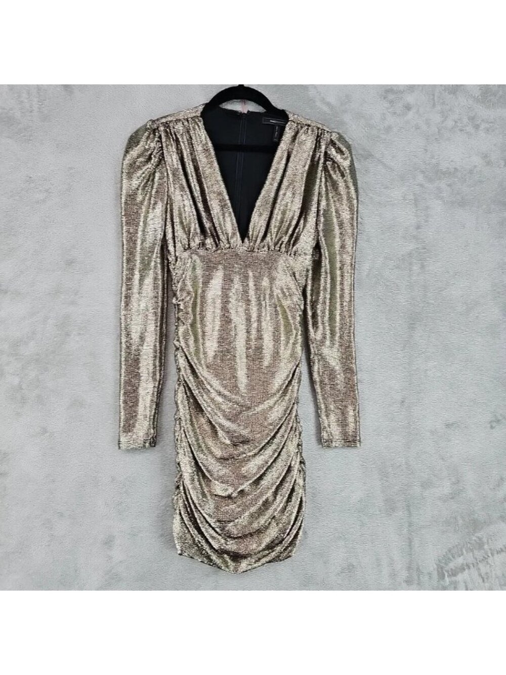 BCBGMAXAZRIA Dress Womens XXS Gold Ruched V Neck Puff Sleeve Bodycon Mini Party